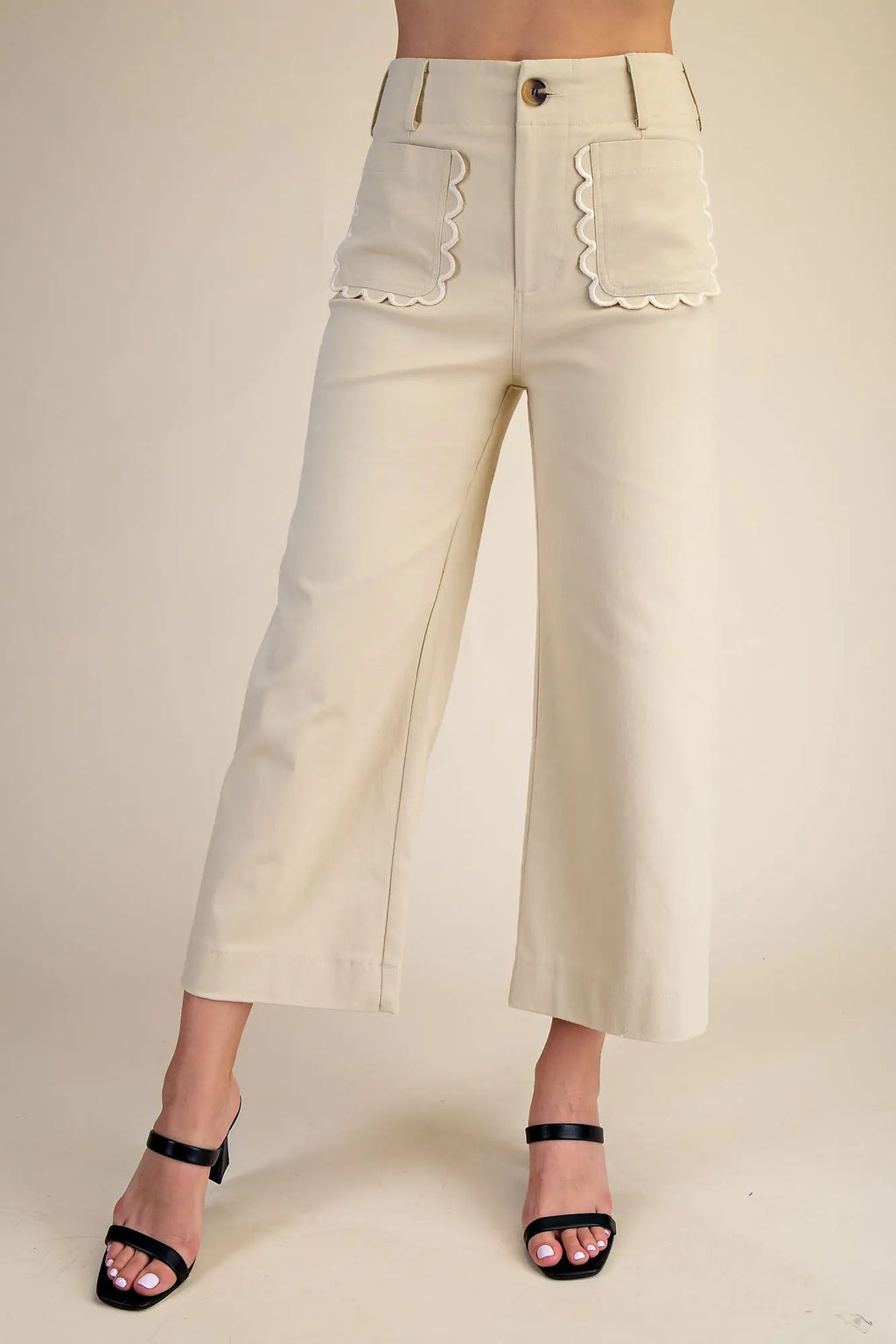 Beige Scalloped Front Pocket Wide Leg Jeans | Cropped Denim