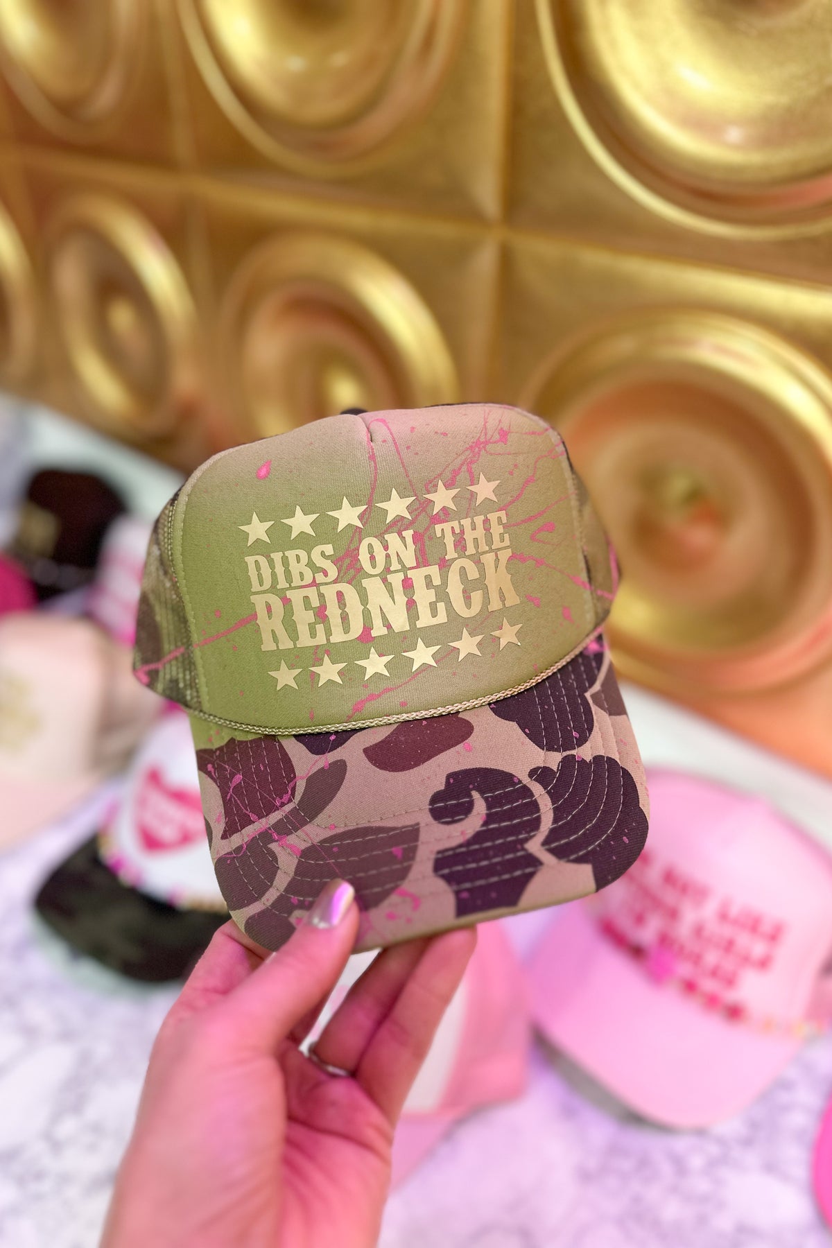 Dibs On The Redneck Camo Pink Splatter Trucker Hat