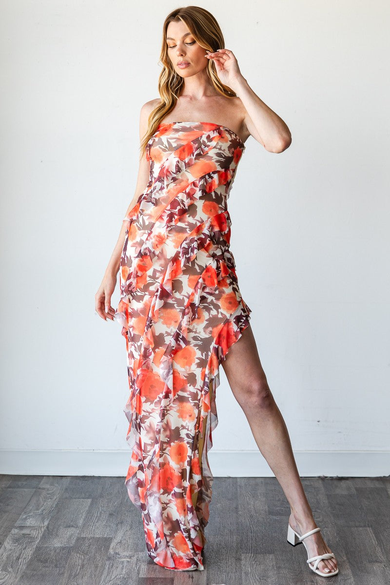 orange tube dress Orange Floral Ruffle Tube Maxi Dress