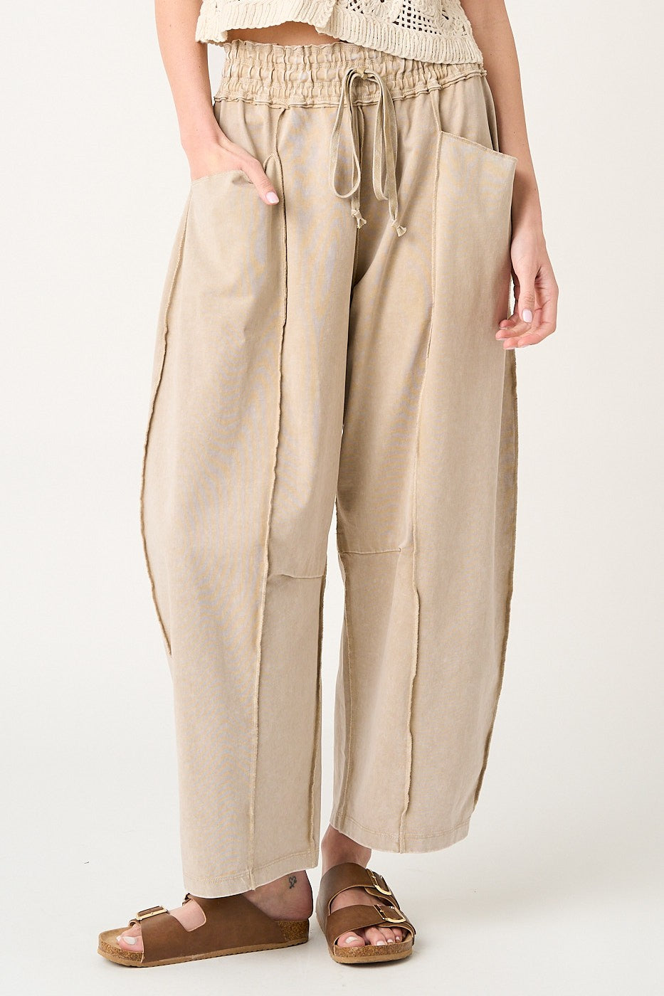 Taupe Mineral Wash French Terry Barrel Leg Pants | Lounge Joggers