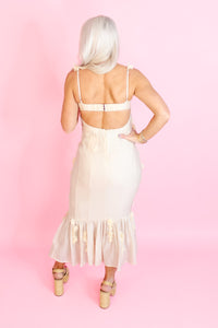 Cream Floral Bustier Midi Dress - Kendry Boutique Vacation Dresses 