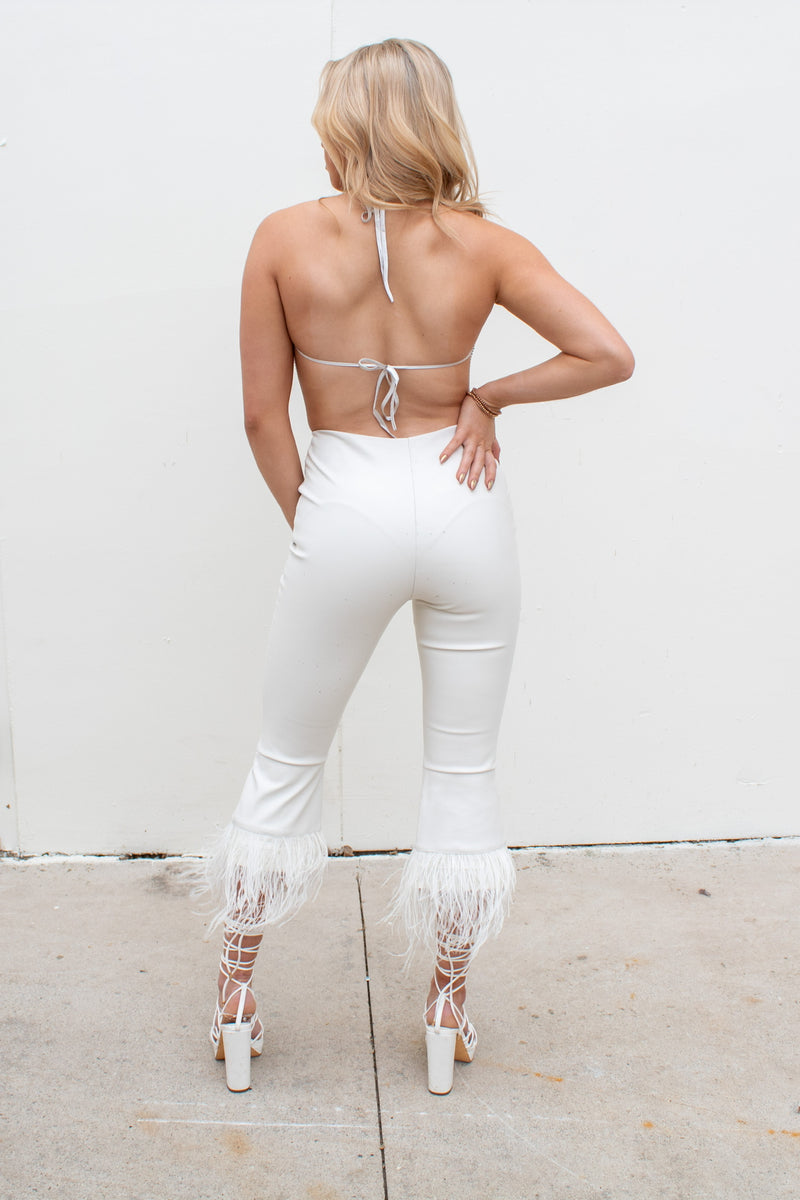 Cream Faux Leather Feather Trim Pants