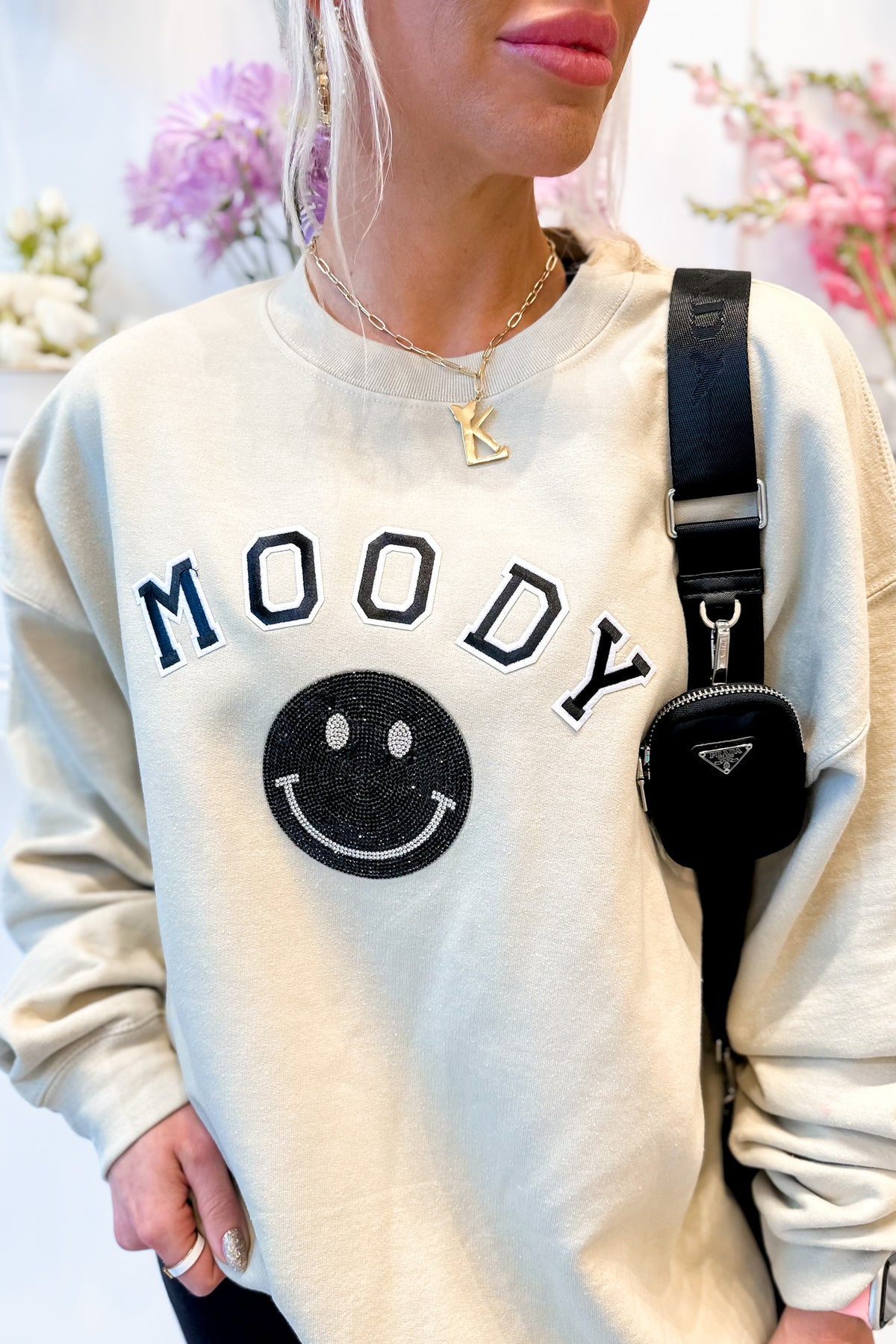 Tan Moody Letter Patch Crewneck