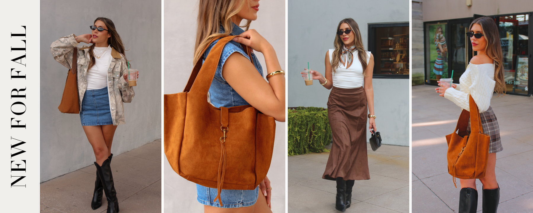 Layered boutique outfit for fall with long sleeve top, mini skirt, and oversized jacket. Shop suede purses, chocolate brown clothing, dark denim and more