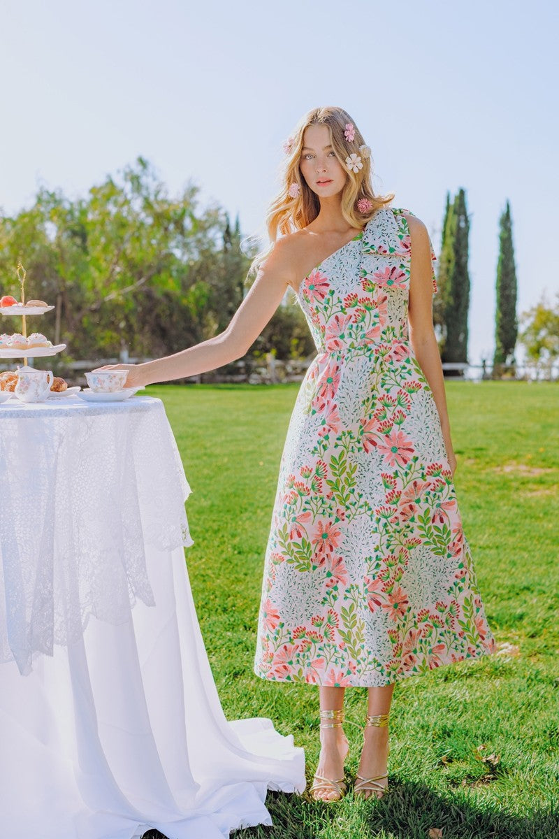 open lace back dress Colorful Jacquard Floral One Shoulder Maxi Dress