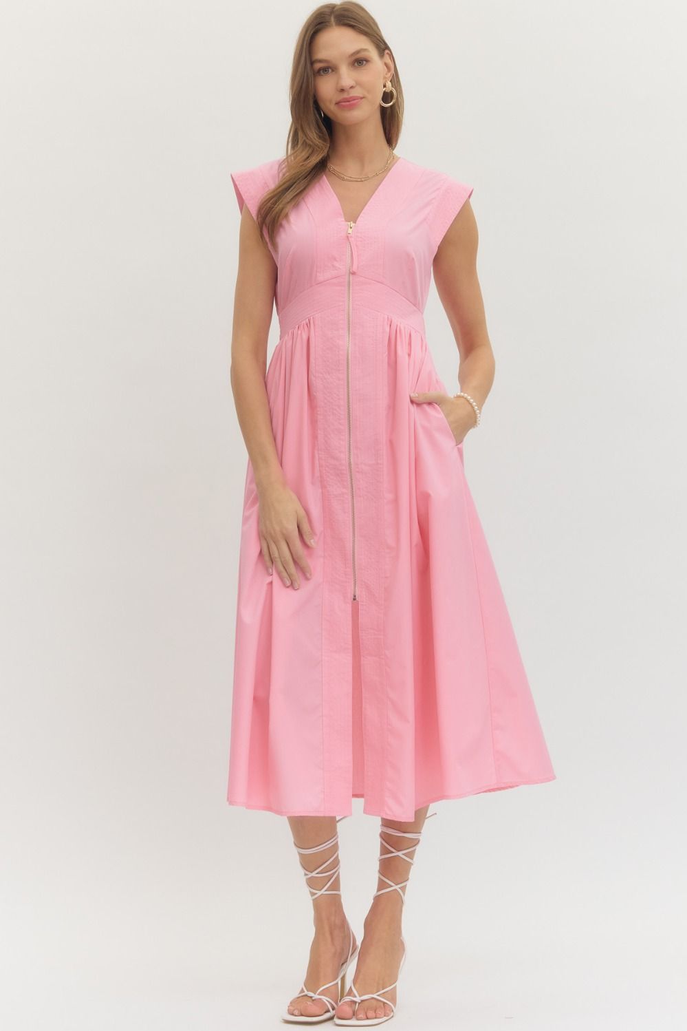 Pink Sleeveless Zip Up Midi Dress Pink Sleeveless Zip Up Midi Dress