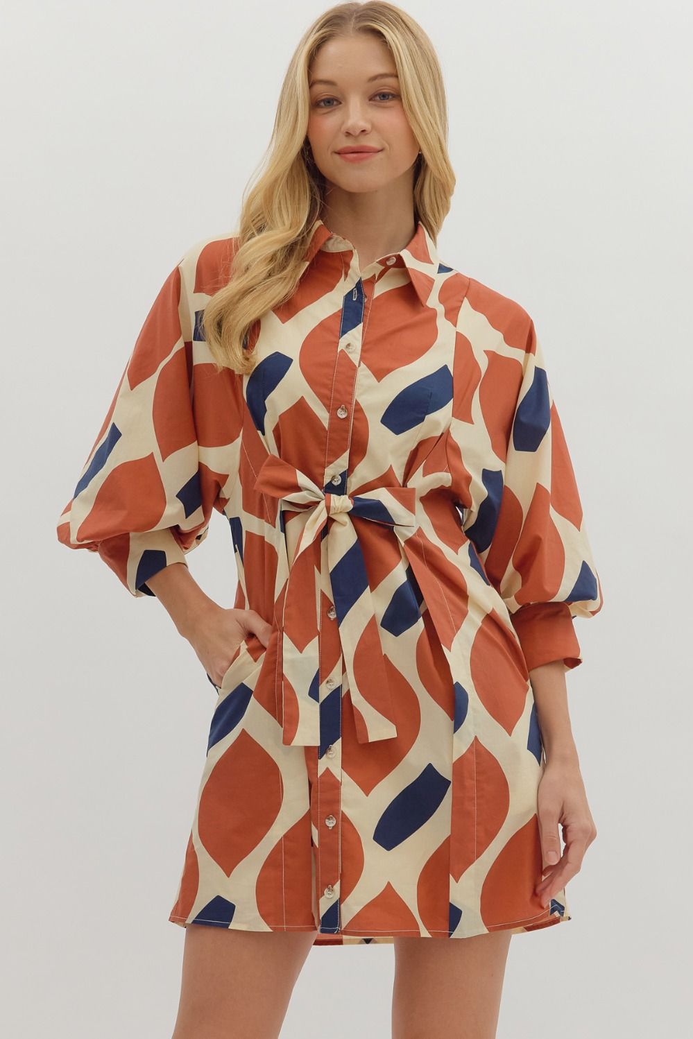 Orange and Blue Long Sleeve Mini Dress With Front Tie - Main Image