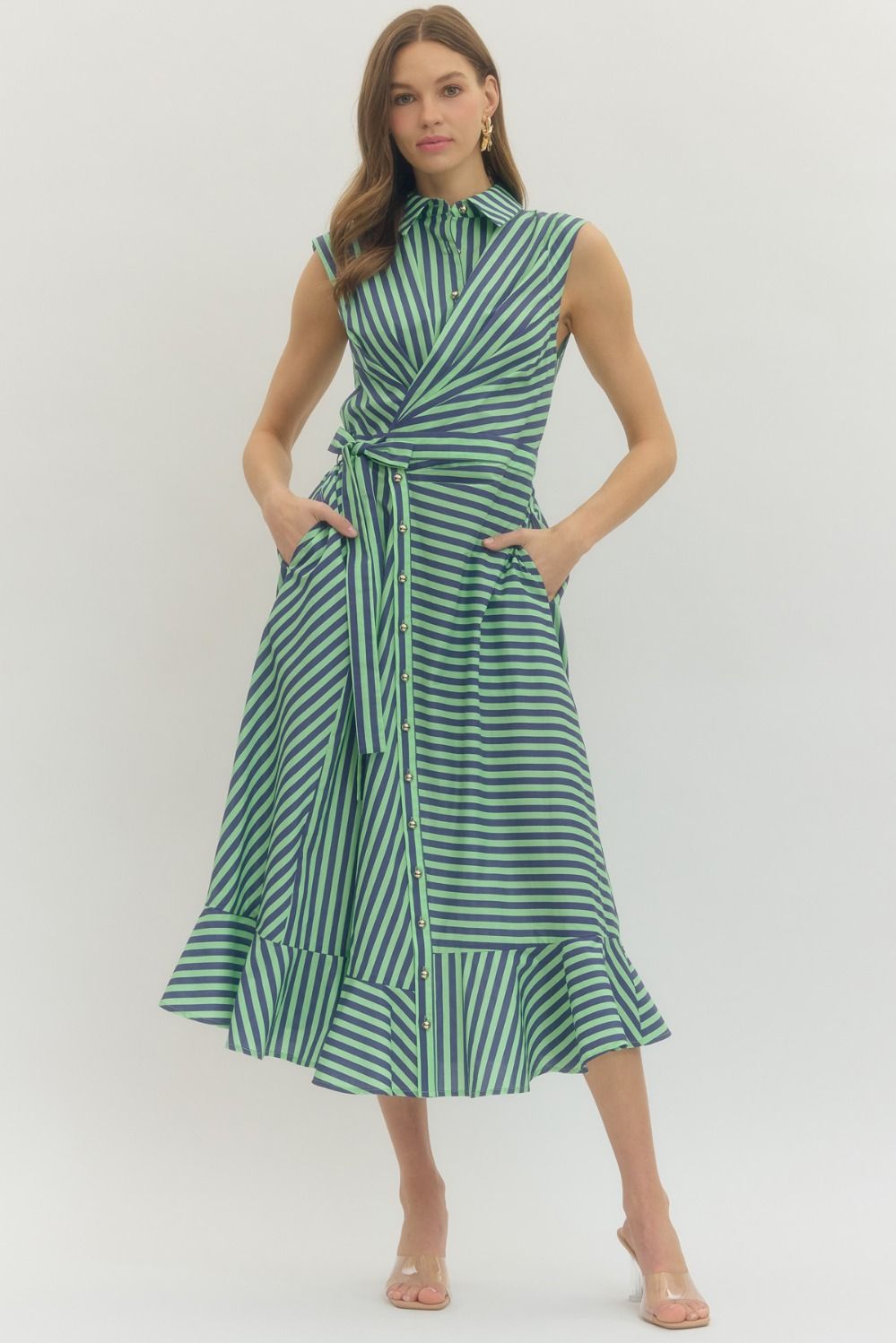 slim fit dress slacks Striped Button-Up Ruffle Hem Mini Dress - Entro main image 1