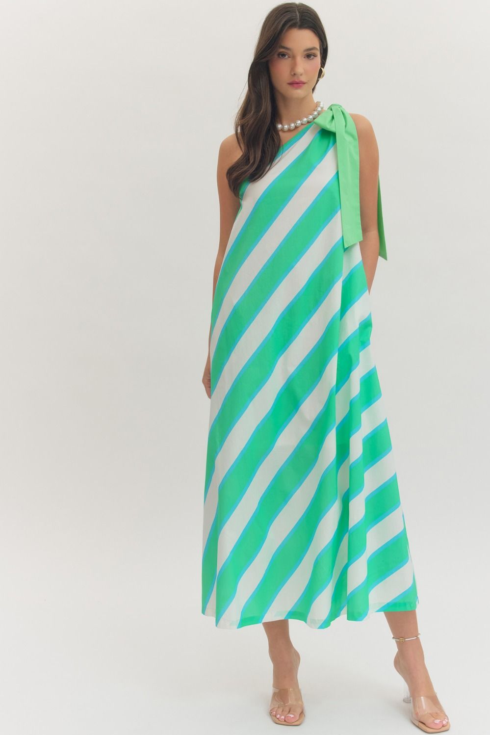 Mint Striped One Shoulder Maxi