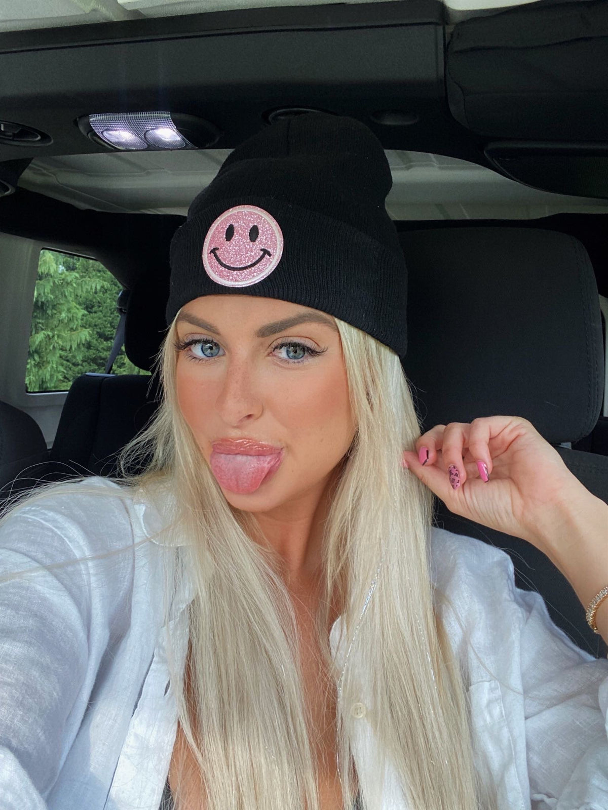 Black Beanie With Pink Smiley Face- Shop Kendry Collection Boutique