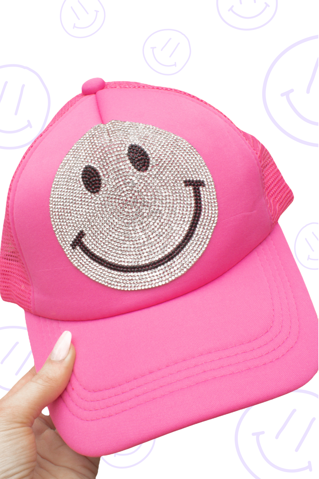 Hot Pink Rhinestone Smiley Face Trucker Hat