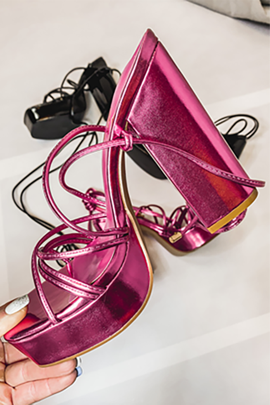 Metallic Pink Strappy Lace Up Platform Heels Kendry Collection