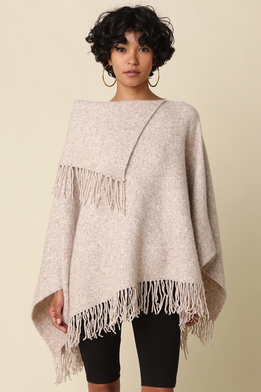 Oatmeal Heather Asymmetric Layered Fringe Poncho Sweater