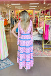 Pink and Blue Floral Tie Sleeve Tiered Ruffle Maxi Dress