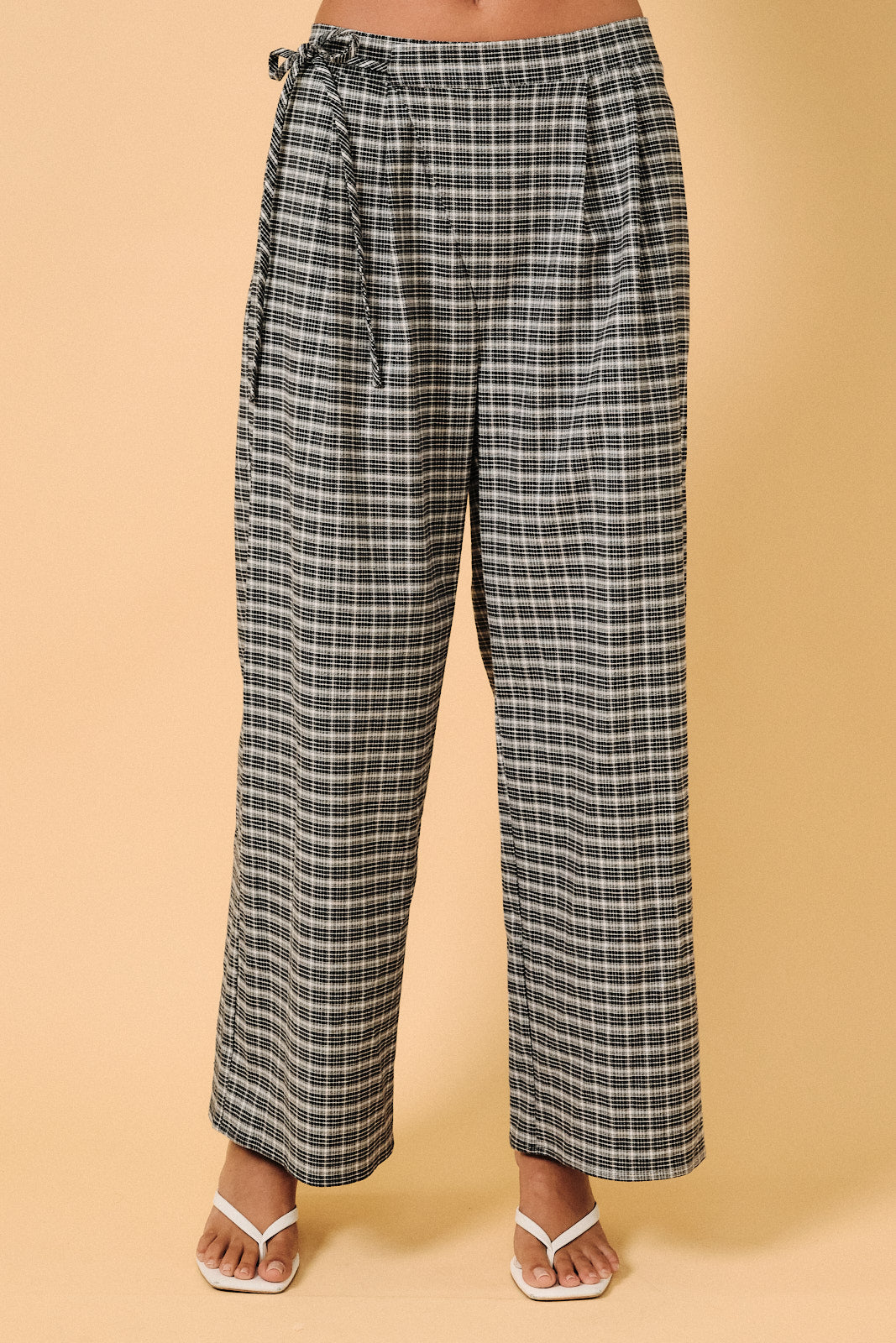 Black Plaid Trousers Asymmetrical Side Tie