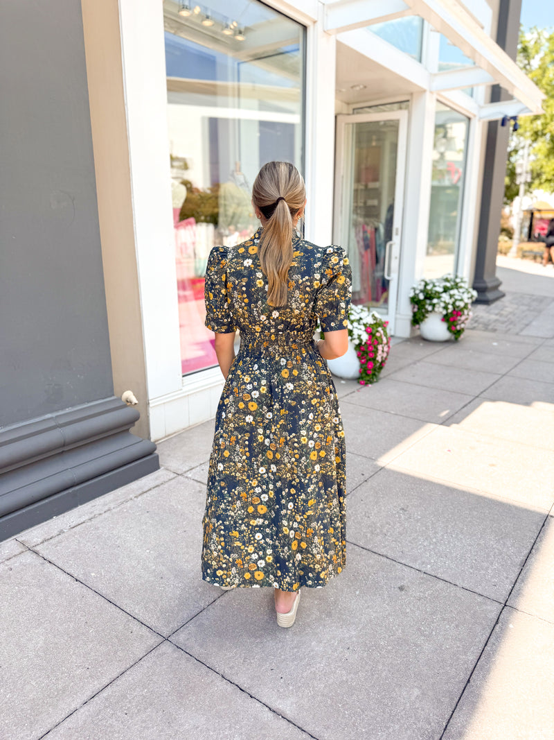 Black Floral Pattern Front Zip Midi Dress
