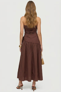Brown Strapless Side Tie Cotton Midi Dress
