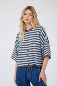 Sky Blue and Espresso Striped Collared Henley Cardigan