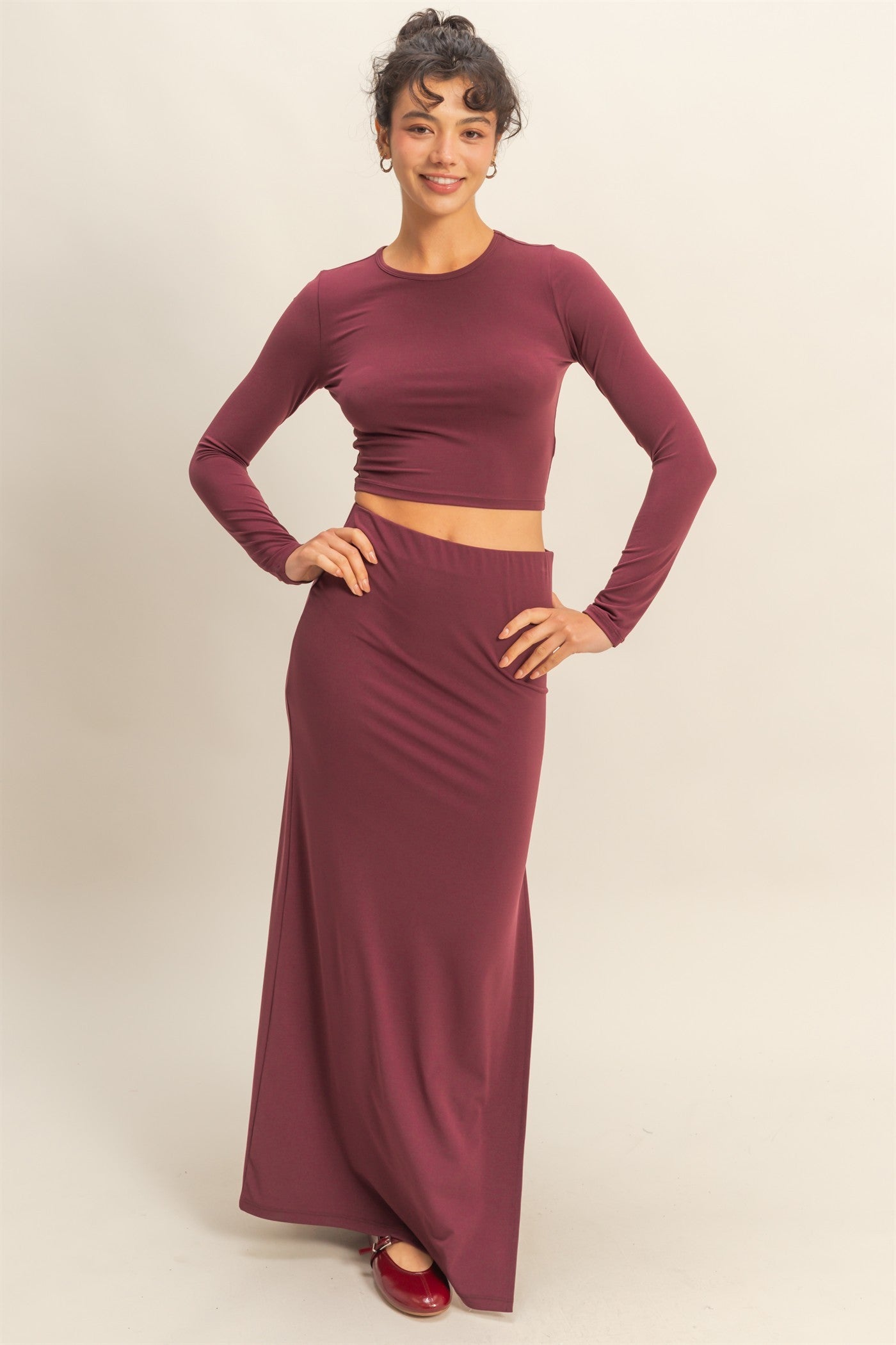 Burgundy Crop Top and Maxi Skirt Set