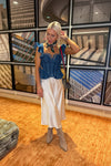 Denim Embroidered Corset Top With Ruffle Sleeves