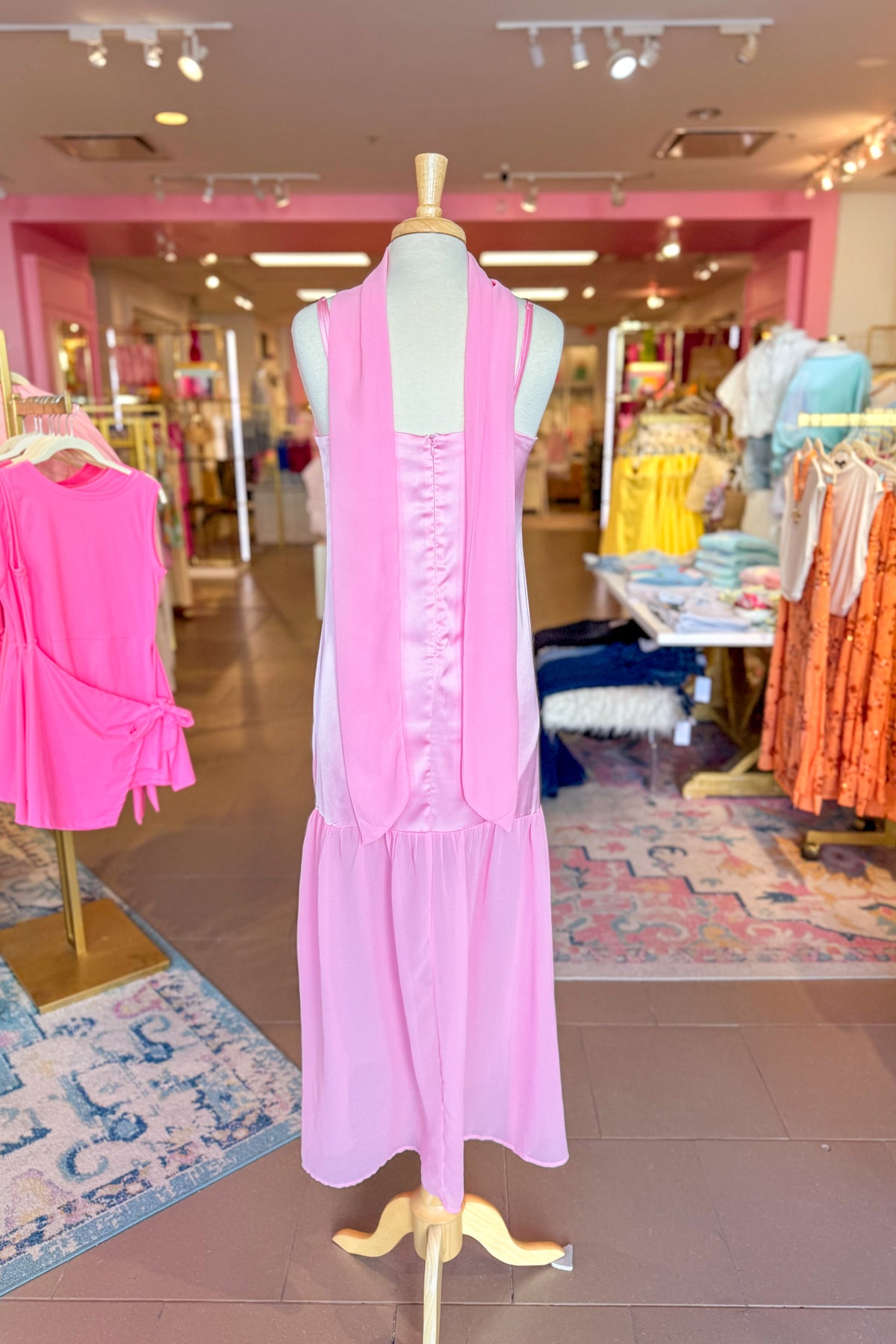 Satin Chiffon Maxi Dress - Pink