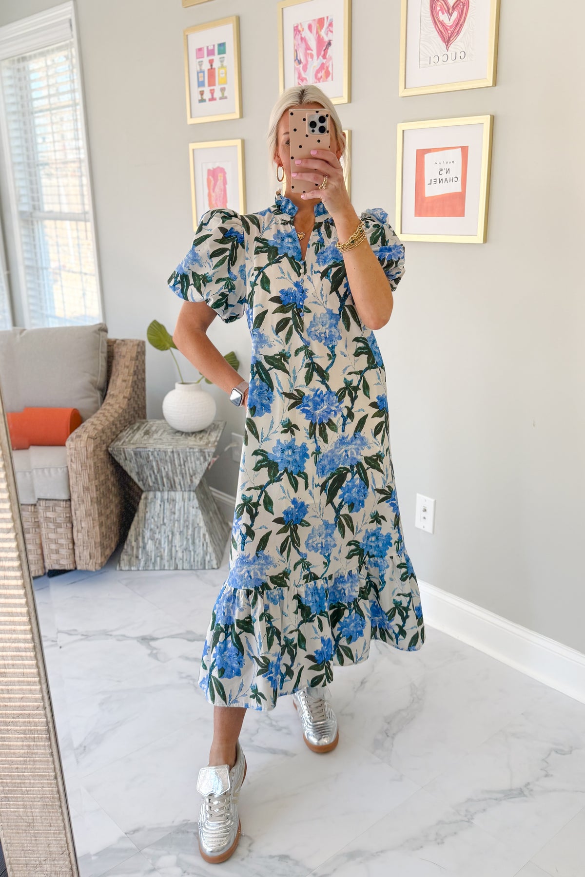Blue and White Floral Ruffle Hem Maxi Dress - Kendry Collection Boutique
