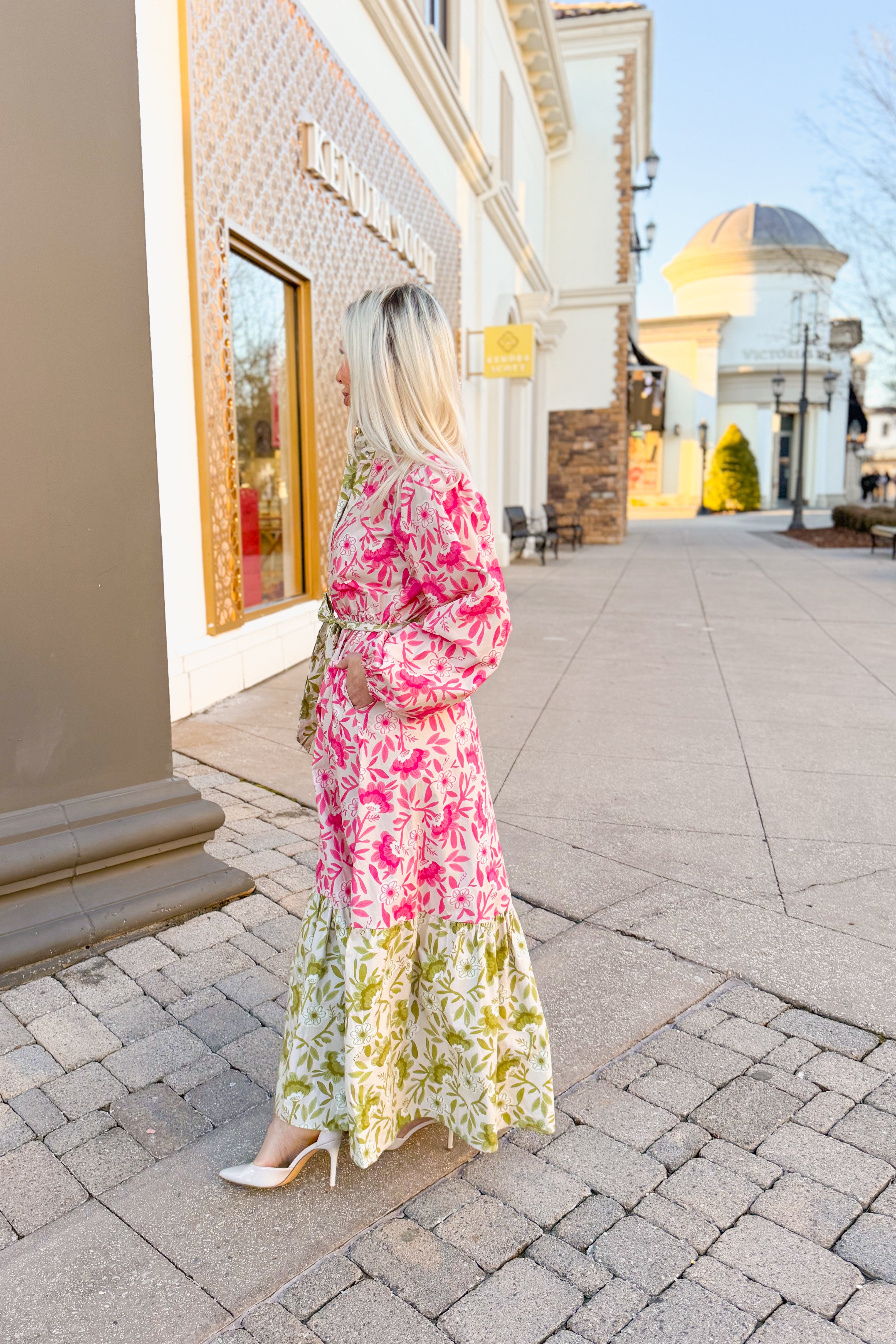 Pink and Green Floral Long Sleeve Maxi Dress - Kendry Collection