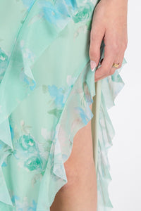 Mint Green Floral Ruffle Tube Maxi Dress