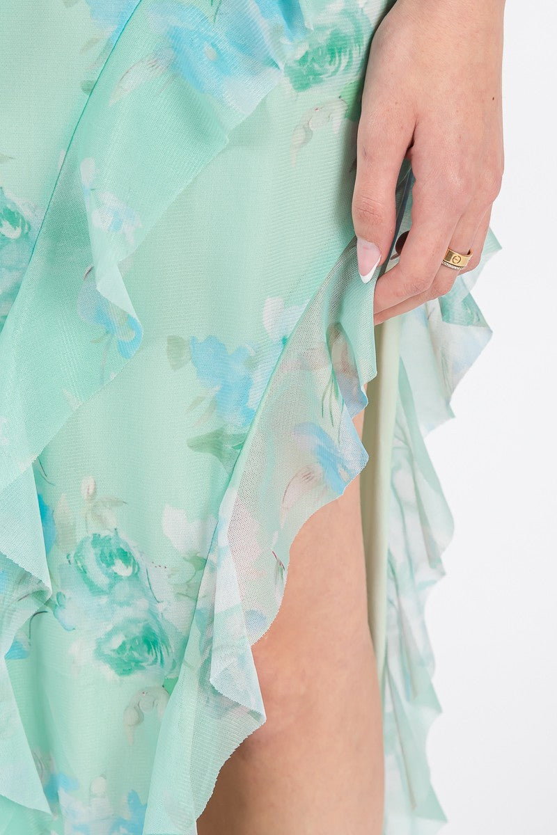 Mint Green Floral Ruffle Tube Maxi Dress