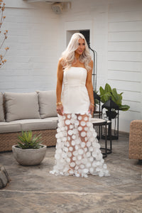 White Maxi Dress With Sheer Hem and Circle Appliqué Detail - Kendry Collection Boutique