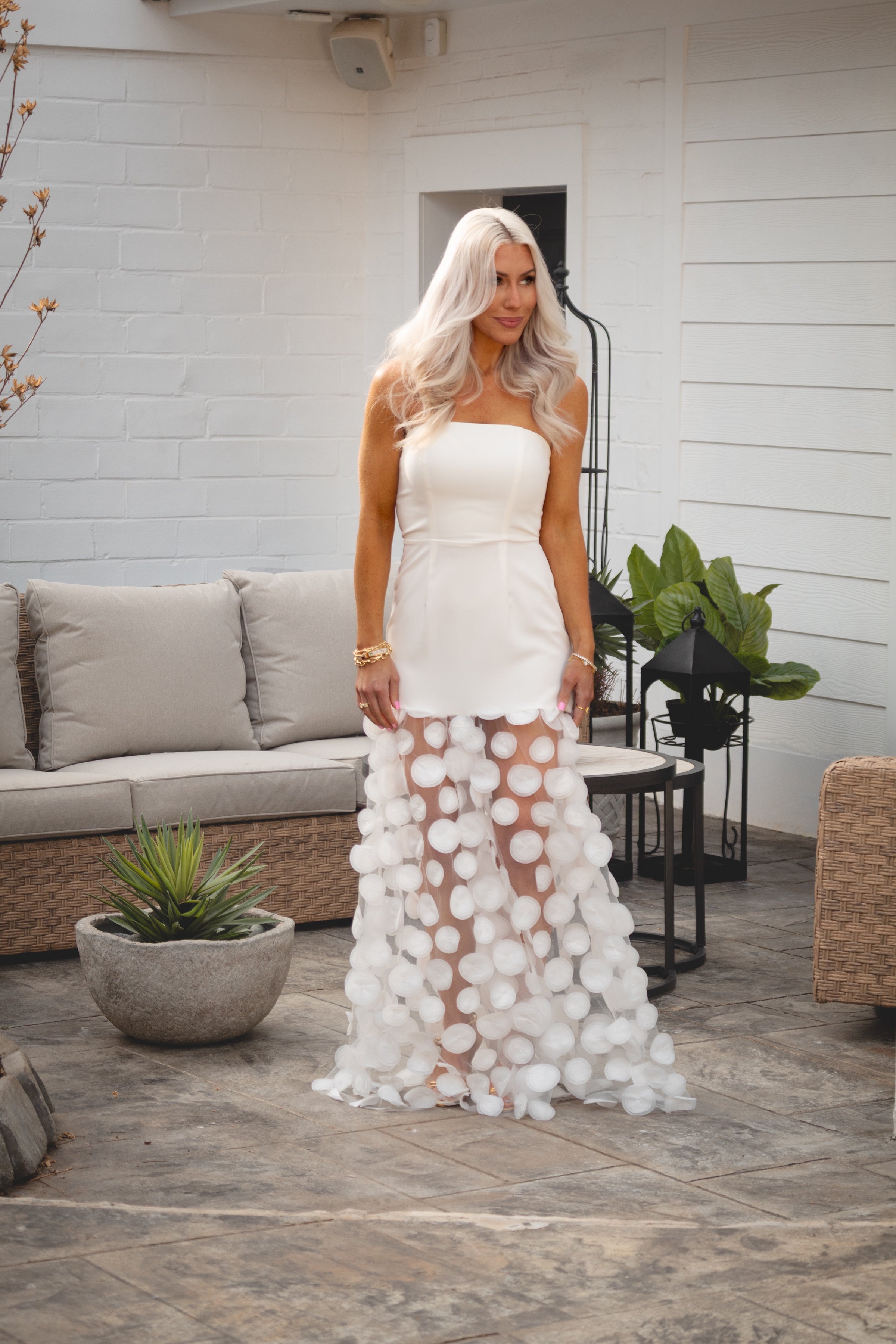 White Maxi Dress With Sheer Hem and Circle Appliqué Detail - Kendry Collection Boutique