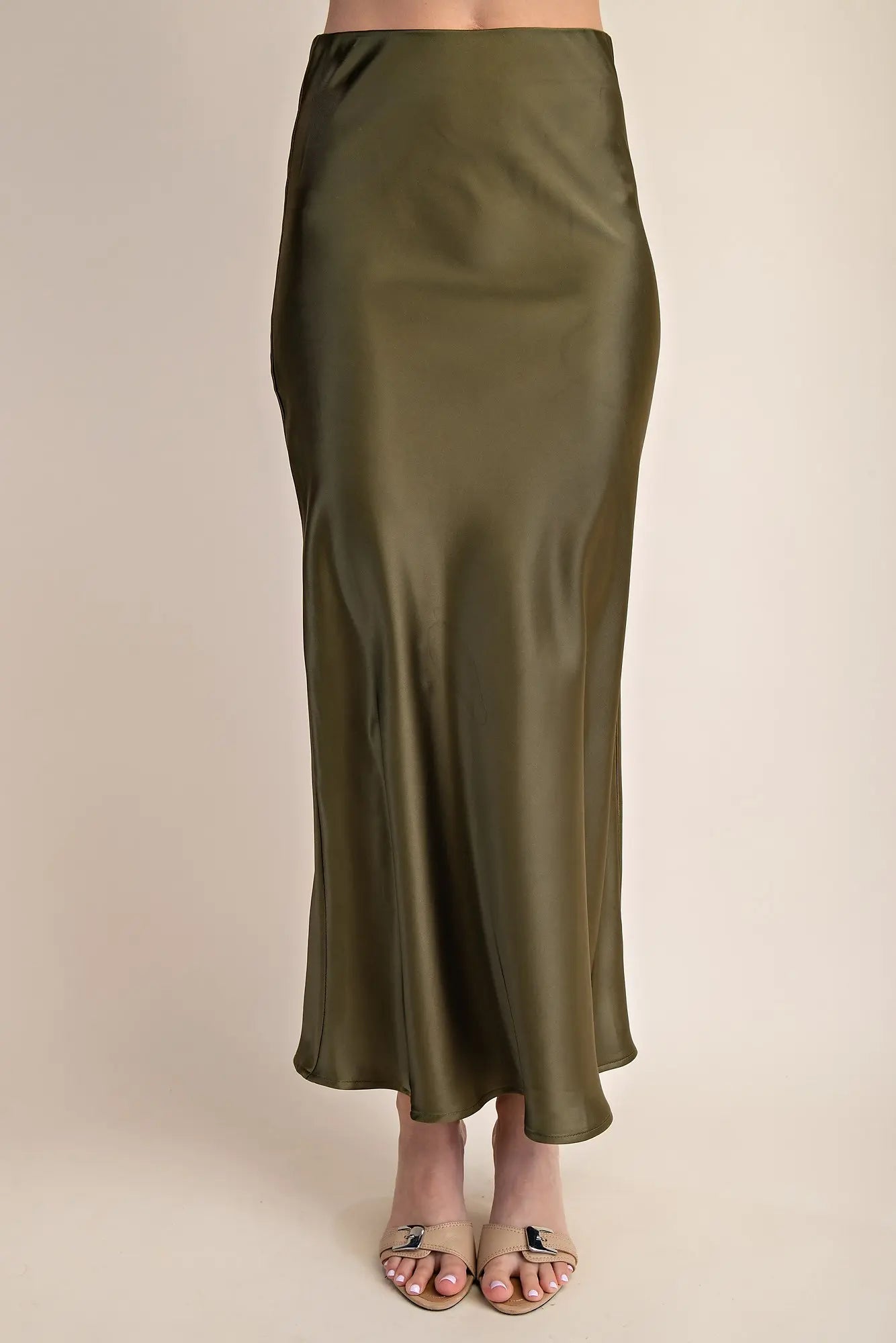 Isla Olive Green Satin Midi Skirt