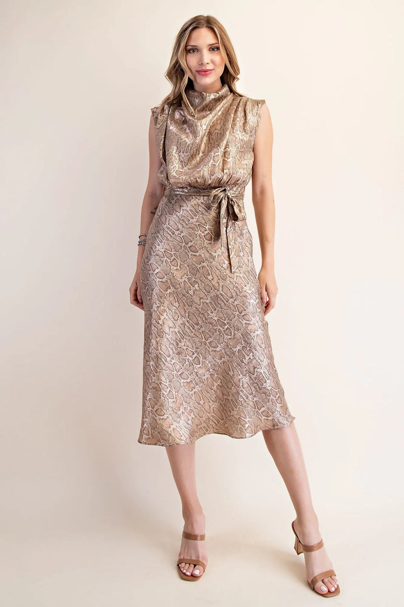 Esme Gold Snake Print Cowl Neck Satin Midi Dress