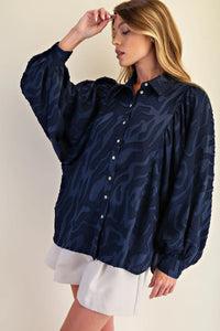 Navy Blue Textured Long Sleeve Button Down Blouse