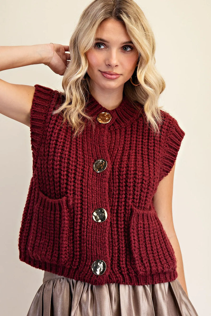 Burgundy Gold Button Knit Sweater Vest
