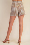 Brown Houndstooth High Waisted Shorts