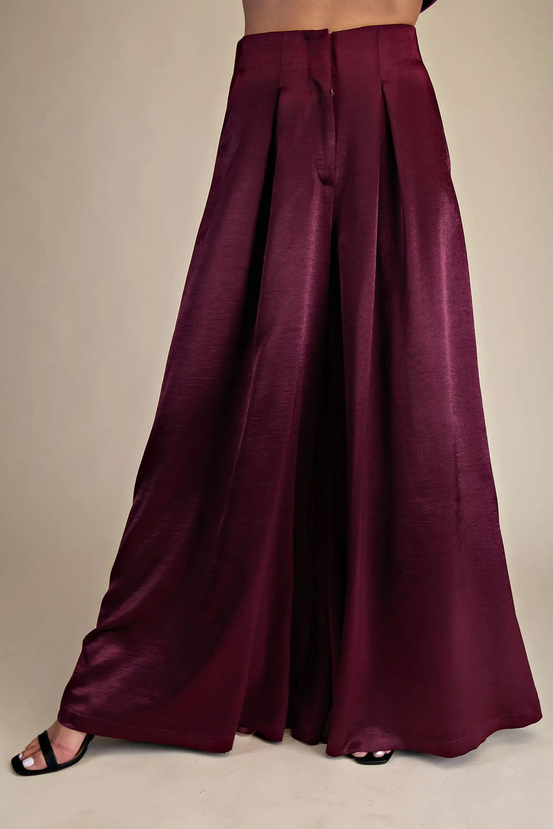 Wine Red Satin Wide Leg Trousers