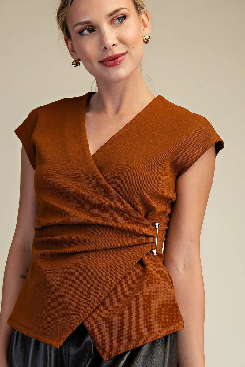 Camel Surplice Blouse With Gold Hardware