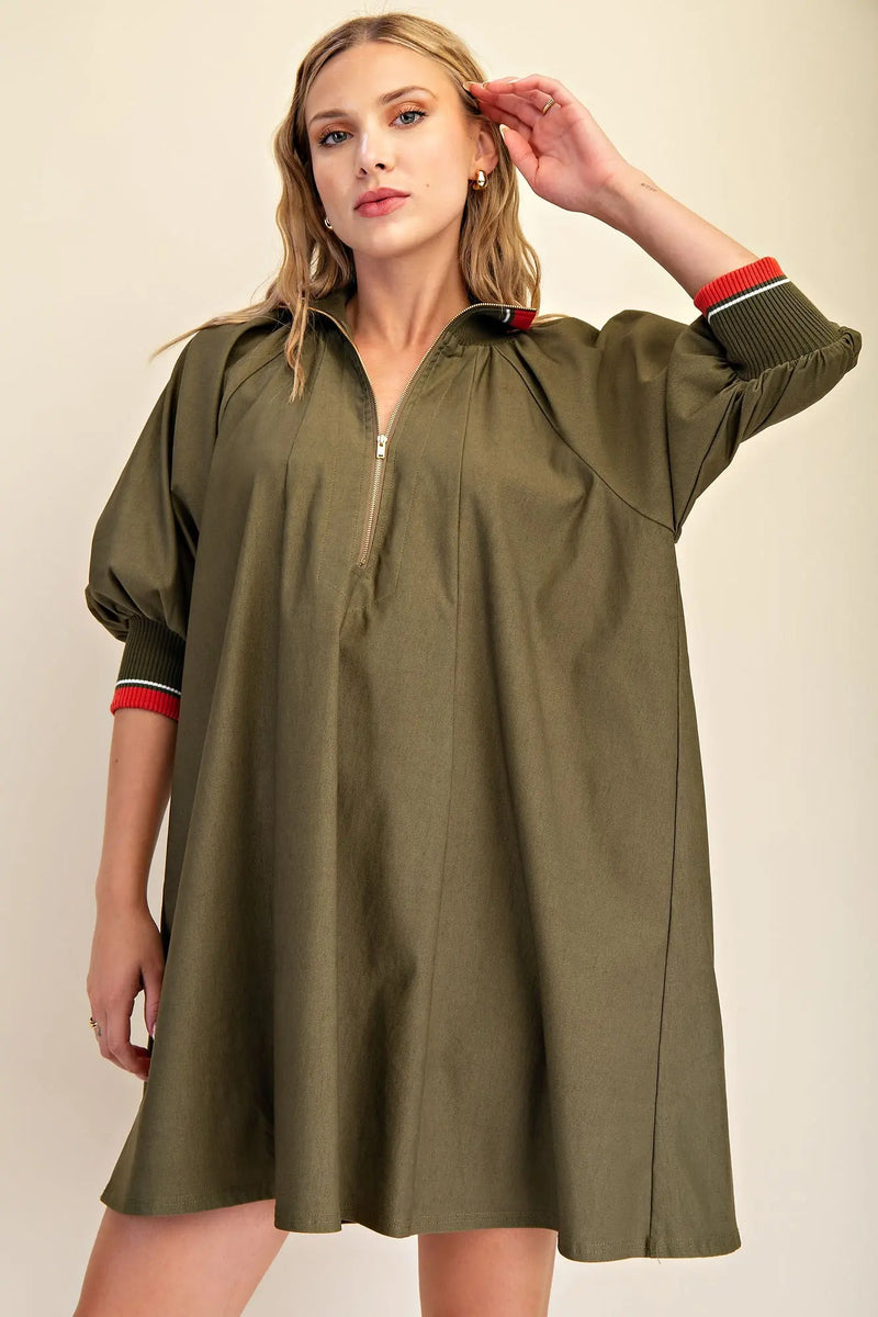 Green Mock Neck Quarter Zip Dress