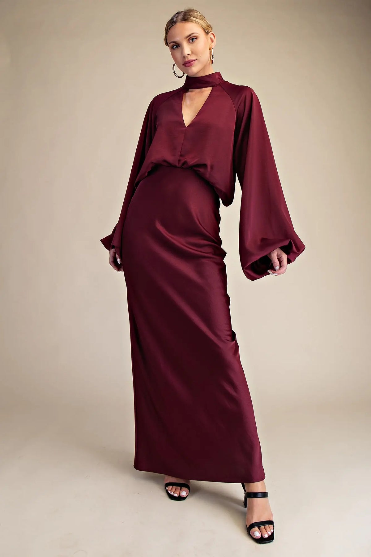 Burgundy Satin Mock Neck Maxi Dress