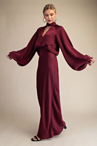 Burgundy Satin Mock Neck Maxi Dress