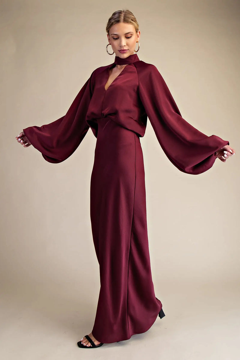 Burgundy Satin Mock Neck Maxi Dress