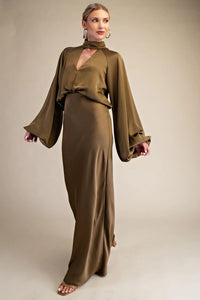 Olive Green Satin Mock Neck Maxi Dress
