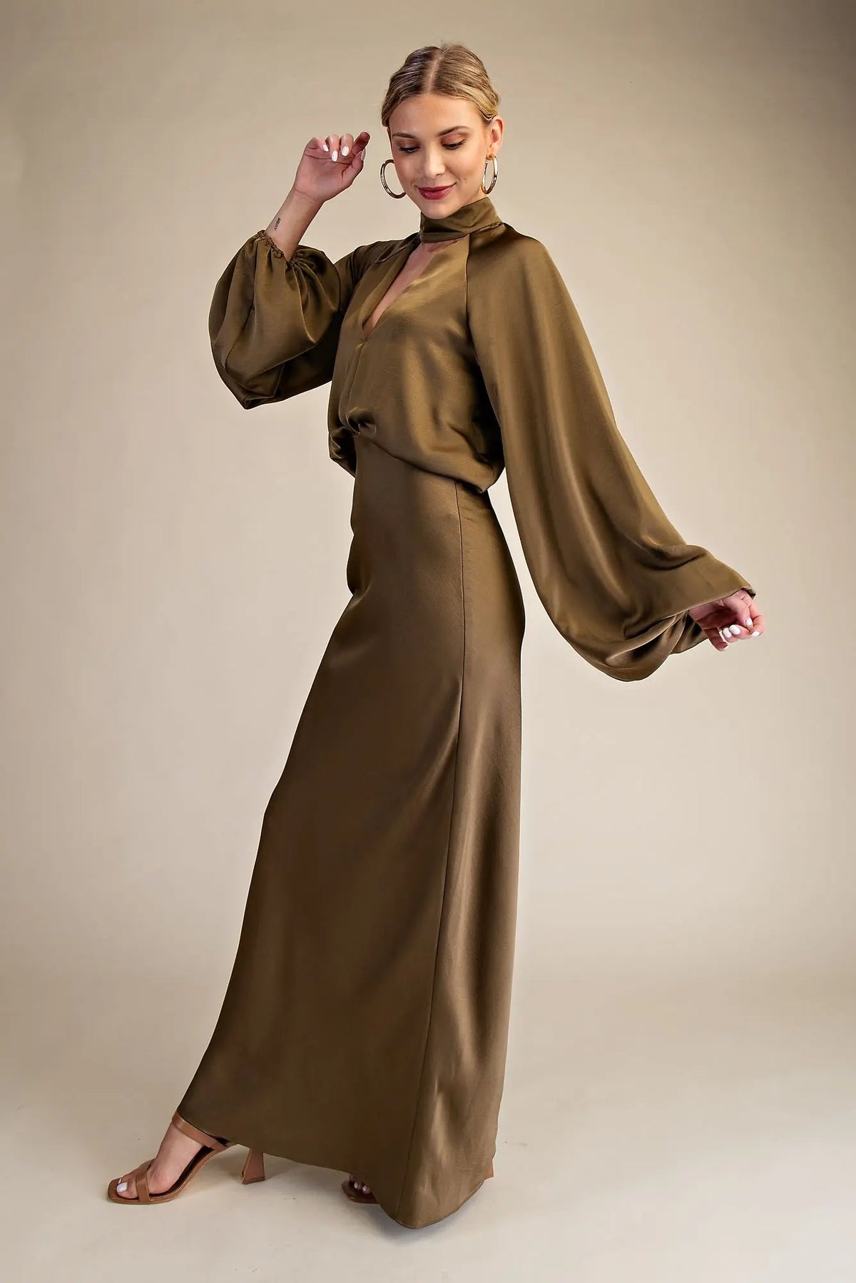 Olive Green Satin Mock Neck Maxi Dress