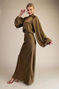 Olive Green Satin Mock Neck Maxi Dress
