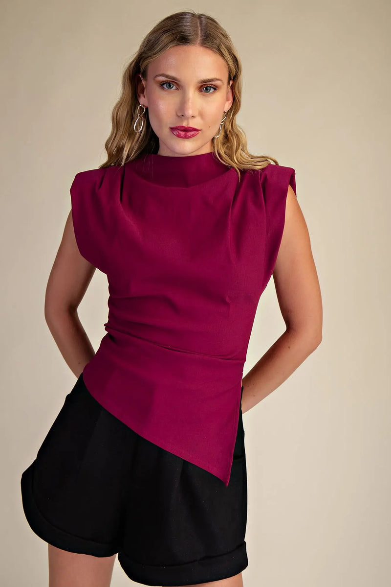 Burgundy Asymmetrical Shoulder Pad Top