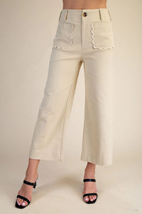 Scalloped Front Pocket Wide Leg Jeans - Beige