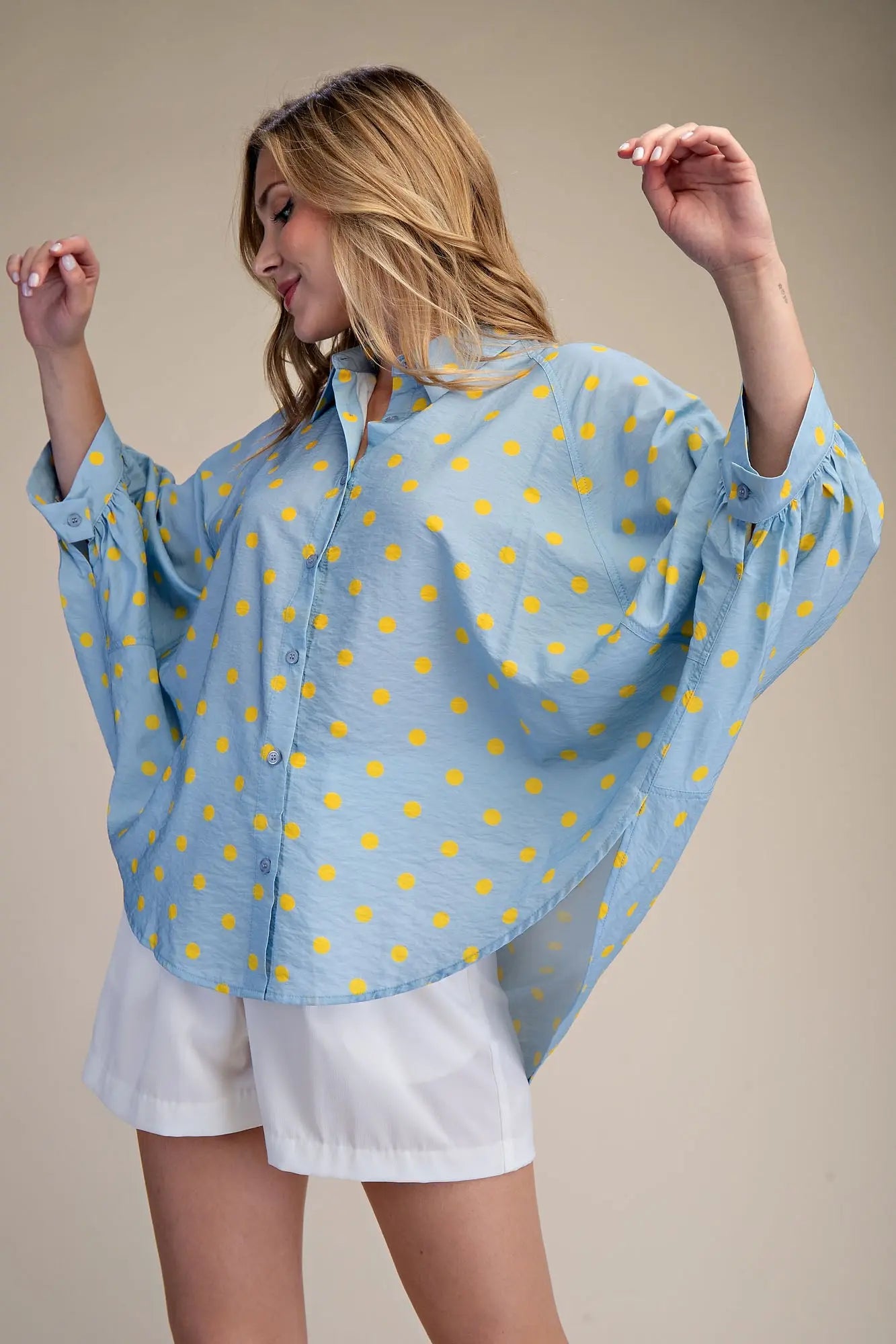 Blue and Yellow Polka Dots Long  Sleeve Blouse - Kendry Collection Boutique