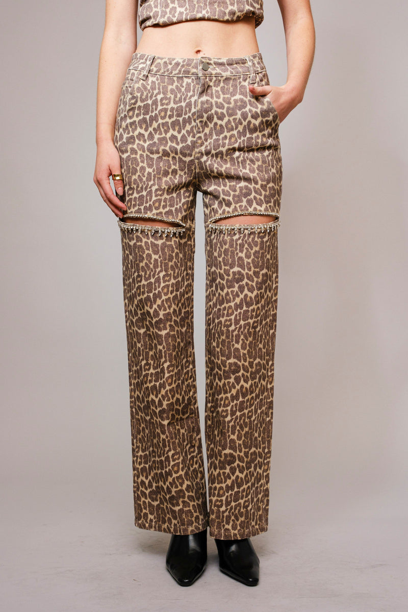 Swift Leopard Rhinestone Cut Out Jeans