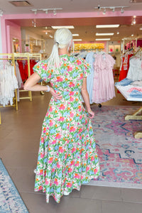 Multi Color Floral Puff Sleeve Maxi Dress